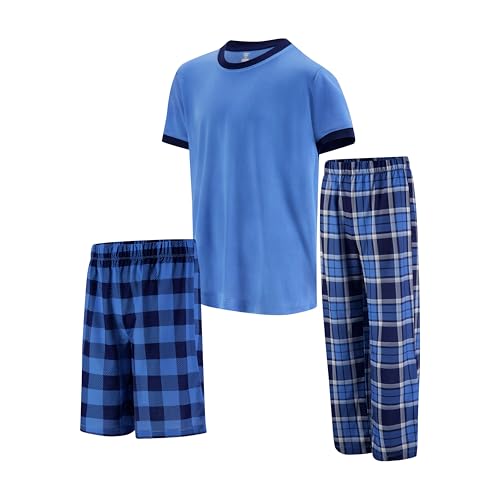 Image of US Angels Boys Pajamas Set | 3-Piece Pant, Shirt, Shorts Sleepwear Pjs for Kids | Loose Fit, Soft, Breathable Blue Plaid