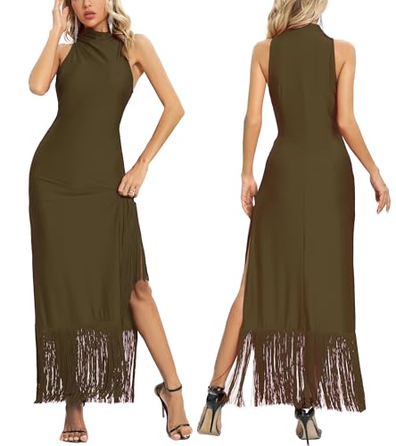 Image of Aigeman Women Vintage Flapper Dresses 1920s Great Gatsby Halter Fringed Maxi Dress Tassels High Split Formal Dress 19