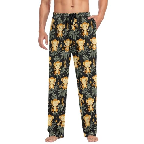 Mens Pajama Pants Monkey Palm Leaves Flower Soft Lounge Sleep Pj Bottoms with Drawstring Pockets