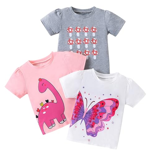 Girls Short-Sleeve T-Shirts Butterfly Dinosaur Mushroom Cute Tops Pack of 3