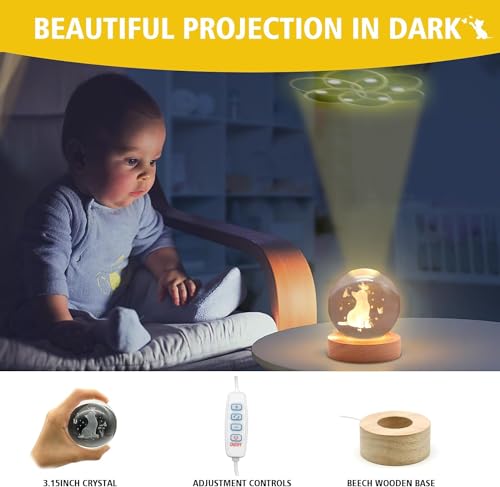 Miramar Cat Crystal Ball Night Light,2.4 Inch Glass Ball LED Night Lamp with Woodern Base,Decorations Gifts for Men,Women,Kids,Boys,Girls,Teens(H- Cat Crystal Ball Lamp)