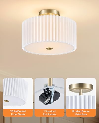 Image of VONLUCE 12.2 inch Semi Flush Mount Ceiling Light, 2-Light Drum Light Fixture | White Pleated Shade with E26 Sockets, Light Fixture for Nursery, Bedroom, Entryway, Hallway, Bronze Finish, ETL Certified