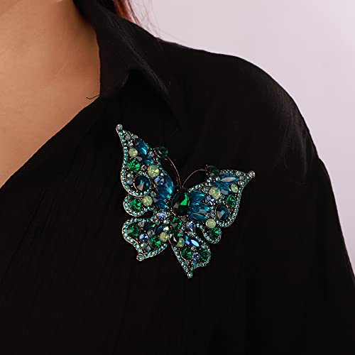 Image of Green Blue Rhinestones Beads Statement Butterfly Brooch Dancing Prom Brooch Pin for Unisex Groom Brides Wedding Jewelry
