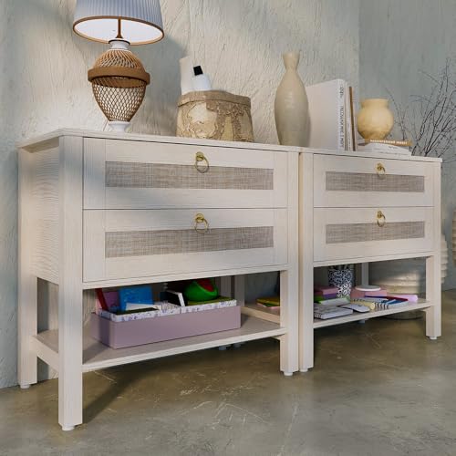 Siminute White Nightstands Set of2, Large Boho Bedside Tables with Drawers & Storage Shelf – Rattan Narrow Side Tables for Bedroom, Small Spaces, Modern Coastal Style Rattan nightstand(2Pieces)