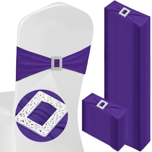 VitalCozy 100 Pcs Spandex Chair Sashes with Square Buckle Slider Stretch Chair Cover Band Universal Elastic Ties Straps Bows for Wedding Banquet Event Party Decoration(Dark Purple)
