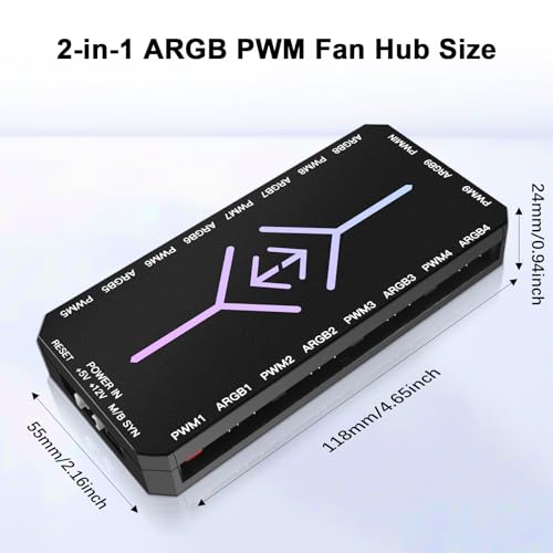 2-en-1 ARGB PWM Fan Hub con controlador，AYWHP RGB Case Fan Hub con 9 conectores PWM de 4 pines y puertos ARGB de 5 V de 3 pines（blanco） - imagen 2