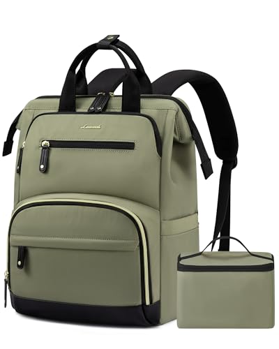 LOVEVOOK Mochila de almoço para mulheres, bolsa para laptop com lancheira térmica térmica, mochila de trabalho para professores de enfermagem para acampamento e piquenique, Verde-preto, 15.6 Inch