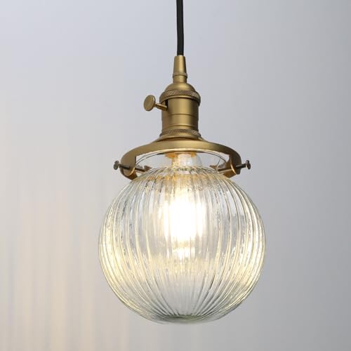 Image of Phansthy Kitchen Island Lighting, 3 Lights Linear Chandeliers, Hanging Light with 5.9 inch Globe Striped Glass Shade, 3-Light Pendant Light Fixtures for Dining Room Farmhouse (Antique Gold, Round Base)