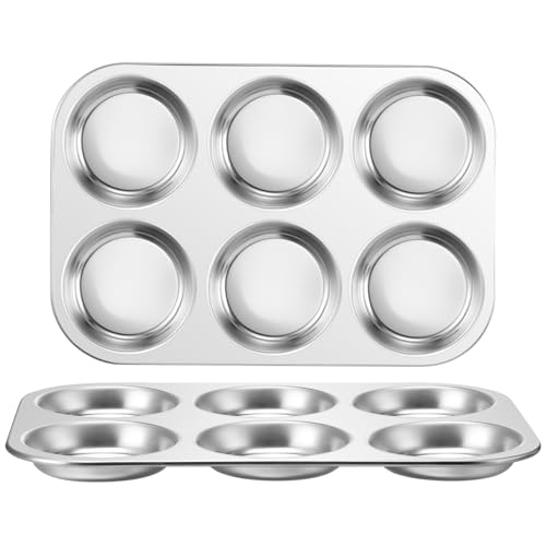 Onader 2 Pack Muffin Tin Stainless Steel 6-Cup Shallow Yorkshire Pudding Tray Great for Baking Mince Pie Bun Egg Tart and Biscuit Non-Toxic & Heavy Duty Oven & Dishwasher Safe