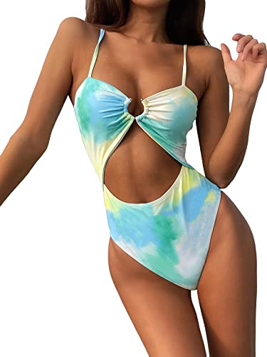 Floerns Traje de baño de una pieza para mujer de talle alto recortado, Azul (Blue Tie Dye), Small Cover