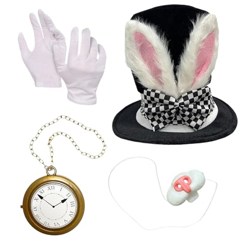 Yulokdwi Conjunto de acessórios para disfarce de coelho, chapéu de taça orelhas nariz relógio luvas para Halloween e Páscoa, artigos de cosplay para festas de Páscoa e Halloween unissexo adulto 4