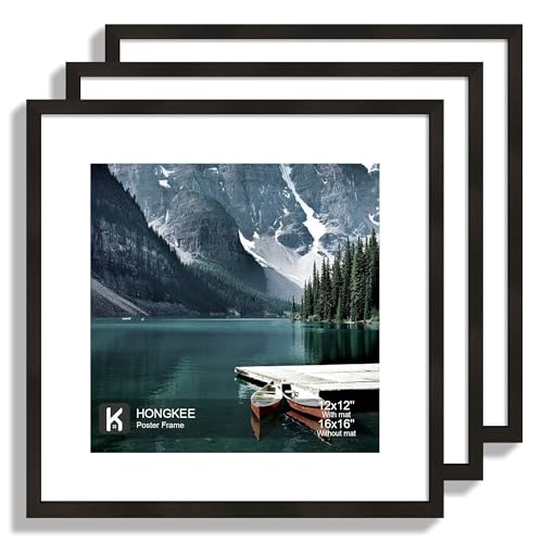 Hongkee 16x16 Square Frame Set of 3 - Display 12x12 Photo with Mat or 16 x 16 Poster without Mat Wall Mounting Horizontal and Vertical Black