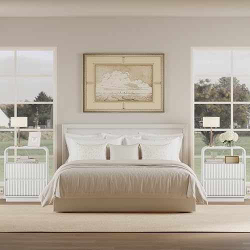 Image of Wodeer White Nightstands Set of 2 with Charging Station, Mid Century Modern End Tables & Bedside Tables, Fluted Wood Small Night Stands with 2 Hidden Drawers and Storage Shelf for Bedroom