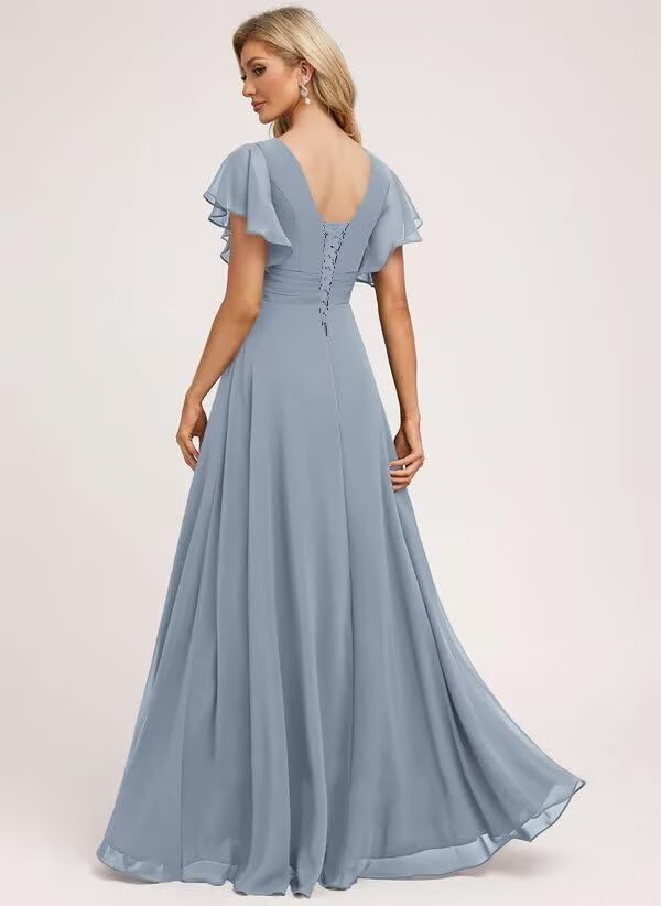 IKMNN Short Sleeve A Line Bridesmaid Dresses for Women Side Slit Pleated Formal Dress IK0263