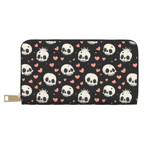 Cute Heart Skull Print Wallet Women, Leather Bifold Multi Card Wallet, Long Purse Women's Wallets