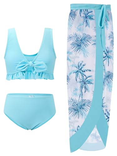 ESHOO Girls Swimsuits 3 Piece Bikinis Sets with Cover Up Skirt Warp Bathing Suit Beach Swimwear for Teen Girls 10-14 Years