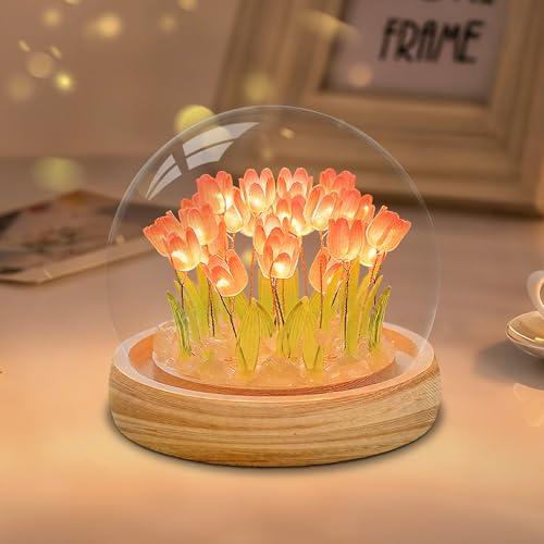 Quipzora Tulips Night Light Small Glass Flower Lamp with Wooden Base for Home Decor Birthday Flower Gifts for Mom Romantic Unique Christmas Gift for Women Girlfriend Sister Grandma Wife