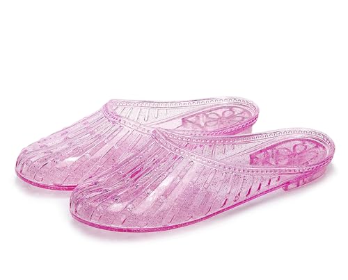 Image of Womens Jelly Shoes, White Jellies Sandals Glitter Clear Flats Slip On Summer Beach Slippers Transparent Closed Toe Soft Slide
