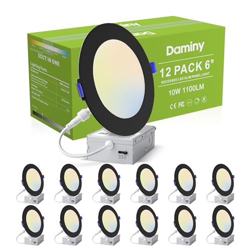 DAMINY 12 Pack 6 Inch Black LED Recessed Lighting with Junction Box 5CCT Ultra-Thin Recessed Light 10W 1100LM Dimmable Canless Wafer Ceiling Light High Brightness