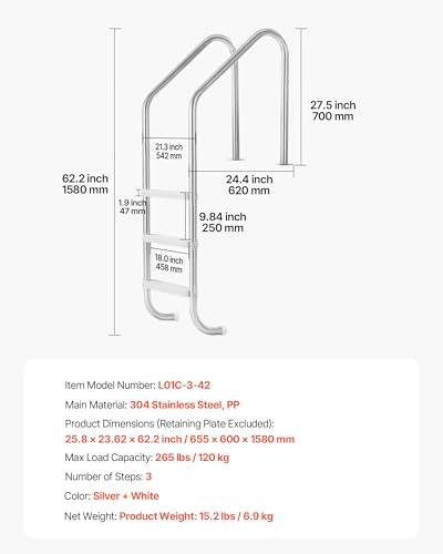 Miniatura 7 de Vevor Escalera Para Piscina De 3 Peldaños Anchos Hasta 120 Kg, Escalera De Seguridad Antideslizante De Acero Inoxidable Con Pasamanos Ergonómicos Para Piscinas Enterradas Y Elevadas De 121,9-137,2 Cm