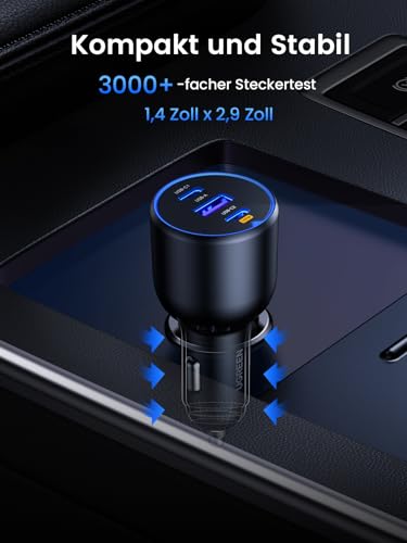 UGREEN 130W Zigarettenanzünder Schnellladen USB C 100W & 30W PD/QC Auto Ladegerät 3-Port 12V-24V KfZ Zubehör für MacBook Pro, iPhone 17/17Pro/17Pro Max/17 Air/16-12, iPad, Galaxy S25/S24