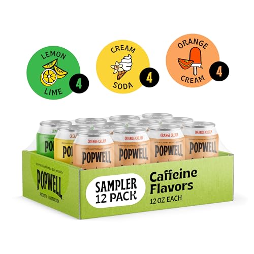 Image of Popwell Caffeinated Variety Pack Better-For-You Prebiotic Soda, with 6g Fiber, 1g Sugar, Vitamins and Immunity Support, 12 fl oz, 12 count (Orange Cream, Lemon Lime, Cream Soda)