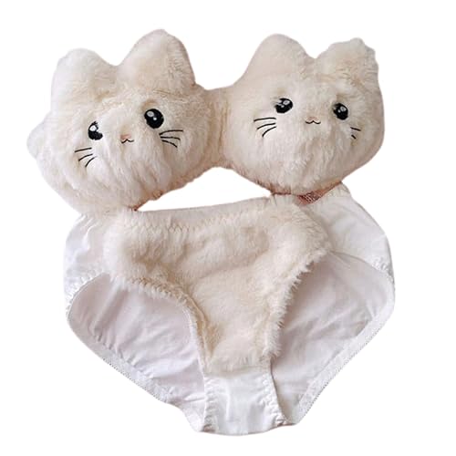 Image of Cute Kawaii Lingerie Set - Plush Kitty Design Adorable Bra and Panty Set in Soft Pink and Cream - Cosplay Lingerie Honeymoon Date Night Couple Gift Sexy Lingerie for Women