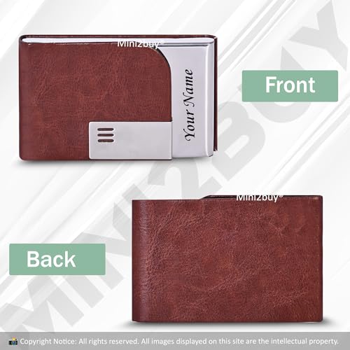 Image of Mini2buy Customized Unisex Vertical Card Holder Name Engraved for Credit|Debit|ATM|Business Visiting RFID Blocking Stainless Steel (1 x 10 x 6 cm) Personal Corporate Gift (Brown)