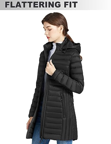 SLOWTOWN Women’s Lightweight Down Puffer Coat Packable Long Down Coat Hood Winter Puffer Jacket2