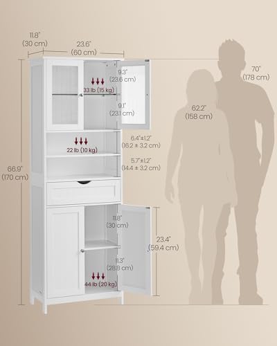 VASAGLE Storage Cabinet with LED Lights, Freestanding Storage Unit with Adjustable Shelves, Drawer, Open Compartments, for Bathroom, Living Room, Kitchen, Cloud White UBBC767WH01S - Image 4