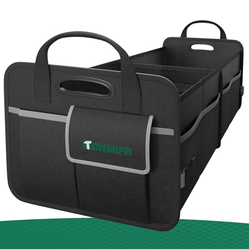 Tonmifr 2-Compartment Car Boot Organiser & Storage Box, Heavy-Duty 600D Oxford Collapsible Tidy with Reflective Strips and 8 Side Mesh Pockets for SUV, Hatchback, Estate - (65L)