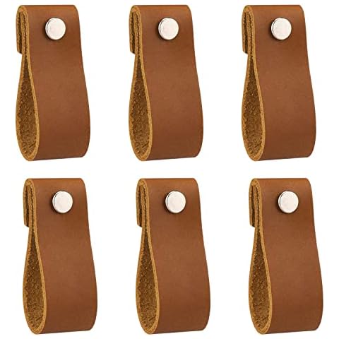 6 Pack Leather Drawer Pull Leather Cabinet Pulls Leather Handle Wardrobe Door Handle Pulls Knob for Dresser Drawers Cabinet (Brown) Cover