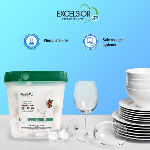 Image of Excelsior HE All-In-One Dishwasher Detergent Pods includes 90 Dishwasher pods with built-in rinse aid for an amazing shine & leaving a gentle citrus scent