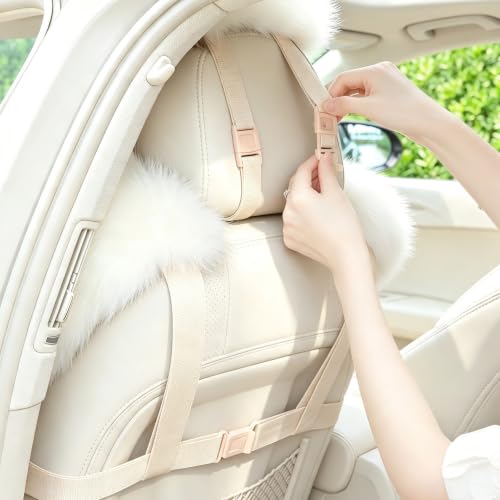 Image of White Fluffy Sheepskin Car Seat Cover for Soft Natural Wool Cushion Pad