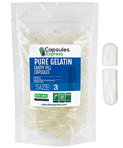 XPRS Nutra Size 3 Empty Capsules - Empty Gelatin Capsules - Capsules Express Empty Pill Capsules - DIY Capsule Filling - Pure Bovine Pill Capsules Empty Gel Caps (500 Count, Clear)
