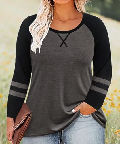 Image of CARCOS Plus Size Tops for Women Long Sleeve Fall Tunic Color Block Camo /Plaid /Leopard /Fall Blouse Crewneck Tshirt XL-5XL