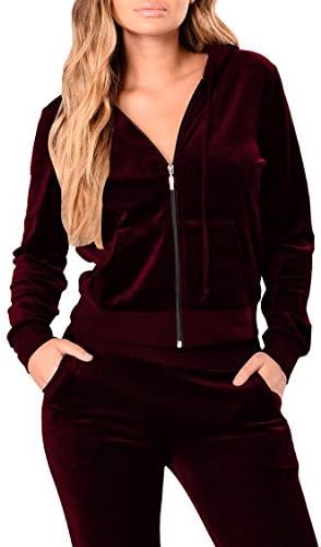 Linsery Women's Winter Velour Zipper Hooded Jacket Jogger Pants 2 Piece Sweatsuit (2XL=US-XL, Wine Red)
