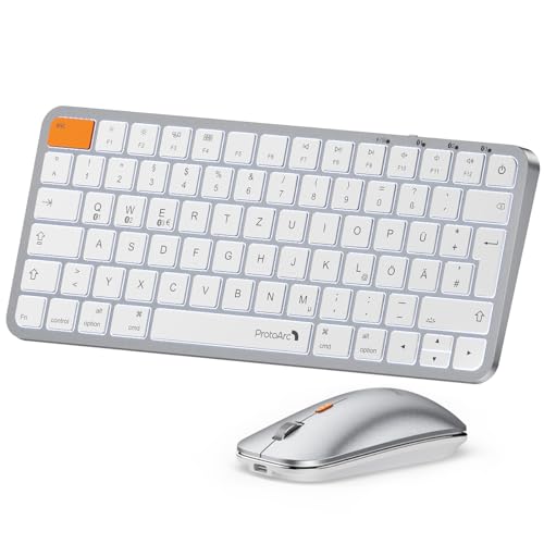 ProtoArc Beleuchtete Kompakte Bluetooth-Tastatur und Maus für Mac, KM90-A Mehrgeräte Kabellose QWERTZ Tastatur und Maus für Mac, Leise und Aufladbar, Keyboard Für MacBook Pro/Air, iPad –Weiß Silber