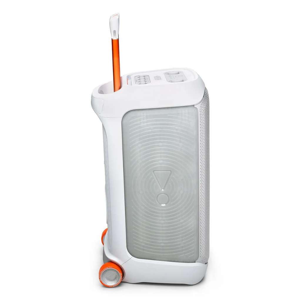 JBL PartyBox Stage 320 - Altavoz portátil para fiesta con sistema de micrófono inalámbrico (blanco)
