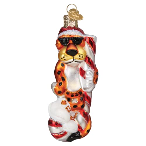 Old World Christmas Chester Cheetah On Candy Cane Glass Blown Ornament for Christmas Tree
