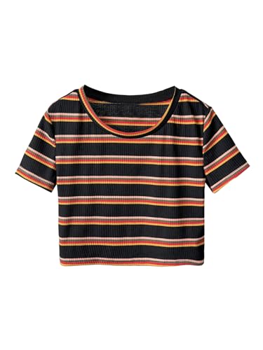 OYOANGLE Girl's Striped Print Short Sleeve T Shirts Ribbed Knit Crew Neck Crop Tops - Main Image