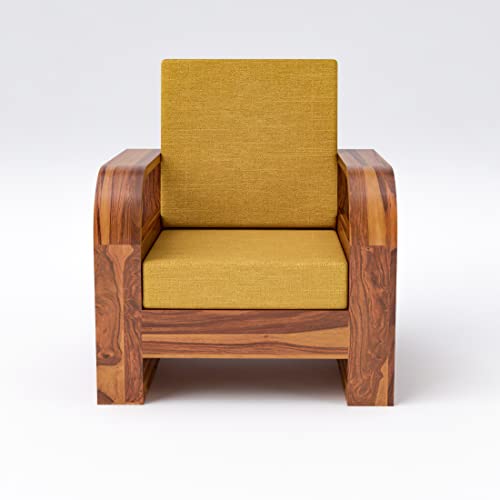 Image of Douceur Furnitures Solid Sheesham Wood 5 Seater Sofa | Five Seater Sofa Set for Living Room, Cafe, Office | (Honey Teak Cushion Mustard Yellow)