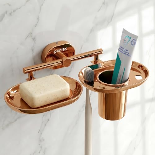 Image of Plantex J4 Stainless Steel Soap Dish with Tumbler Holder /Soap and Brush Holder for Bathrooom /2 in 1 Soap Holder with Toothbrush Holder /Bathroom Accessories (PVD Rose Gold Finish) Onix