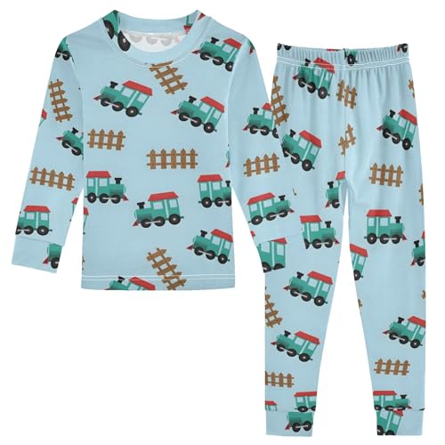 Pajama Sets Long Sleeve Train Tracks and Fence Pattern Soft Comfy Sleepwear 2 Piece PJS 3-8T