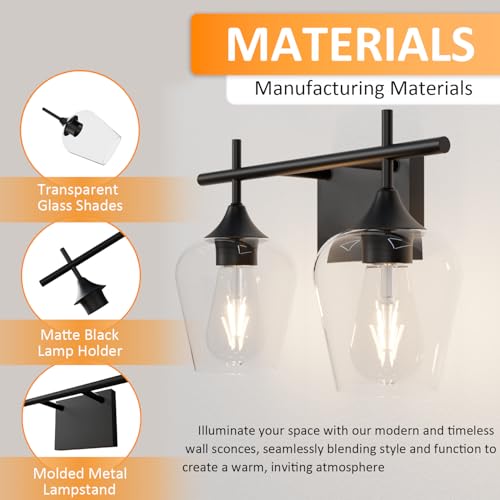 Image of Vanity Bathroom Light, 2-Light Bathroom Light Fixtures Over Mirror, Black Vanity Lights for Bathroom with Clear Glass, Modern Wall Lamp for Cabinet Hallway, Bedroom