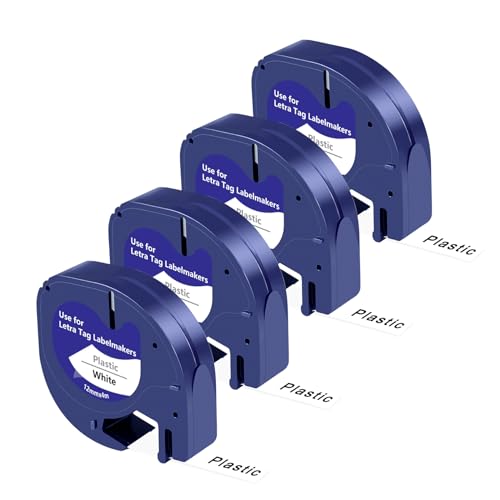 UNOKA Kompatibel mit Dymo Letratag Etikettenband, Wasserfest, Kunststoff(Plastik), 12mm x 4m Bänder, A91221 91201 White Schriftband für Letra tag 80 XR LT-100H 100T 200B XM, Schwarz auf Weiß, 4 Roll