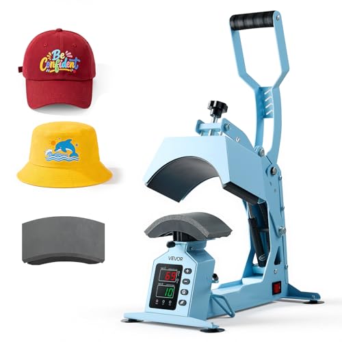 VEVOR 2-in-1 Hat Heat Press Machine with 2 Platens & Caps Stretcher Precise Temp&Timer Control Hat Press Heat Machine for Caps Compatible with HTV Iron On and Sublimation Projects Light Blue