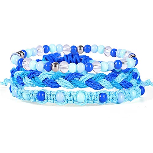 Image of 3Pcs Colorful Braided Stretch Friendship Bracelets Stackable Bead Woven Waterproof Wax Coated String Adjustable Wave Rope Bangle Bracelets Friendship Surf Jewelry for Women