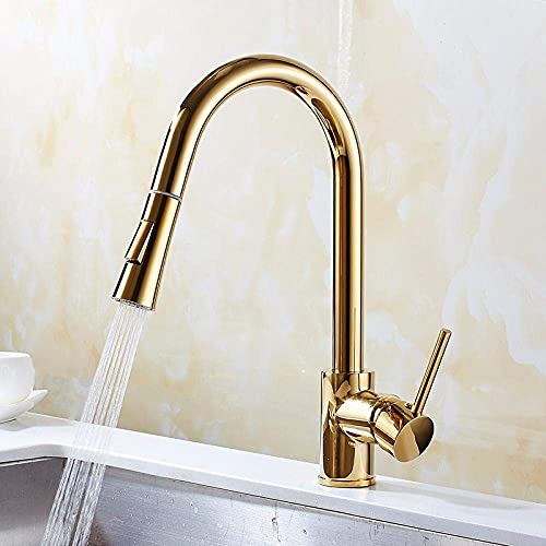 Robinet d'évier de cuisine en laiton doré Basinxer avec douchette extractible