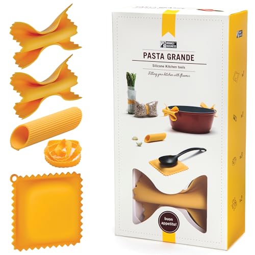 A set of kitchen tools — pot grips, spoon rest, peeler, and elastic bands — all disguised as pasta shapes, because your kitchen gadgets should spark joy AND confusion.